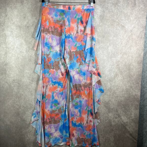 Love Highlight Pants Cover Up Womens XL Multicolor Mesh Sheer Ruffle Psychedelic - Picture 5 of 11